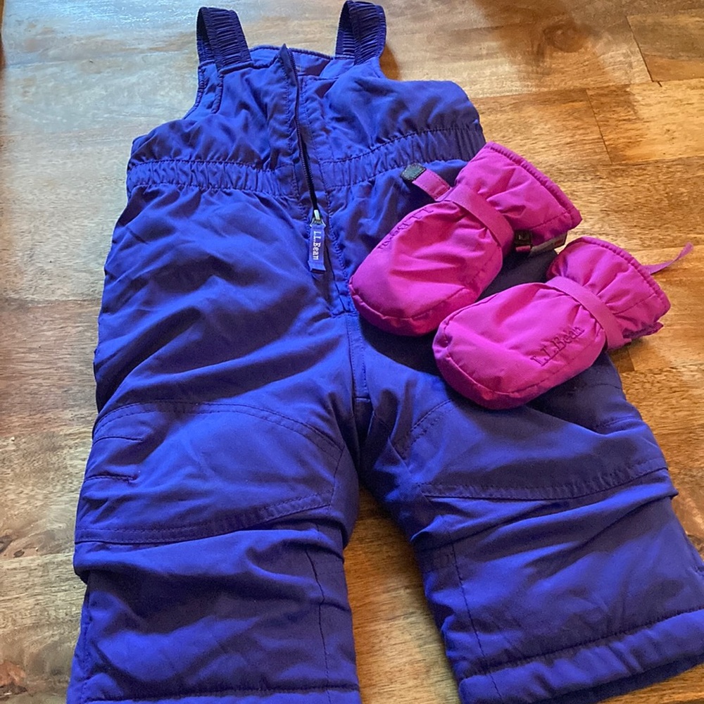 Llbean Purple cold buster Snowpants / snow bib (12-18m) and Gloves (12-24m)